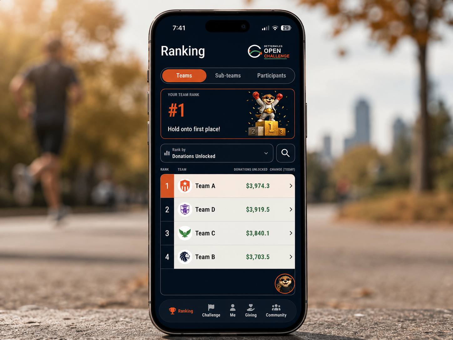 A BetterMiles leaderboard showing team rankings
