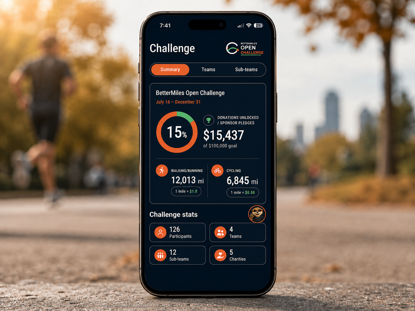 BetterMiles Challenge impact summary displayed on a phone in a sunlit city park