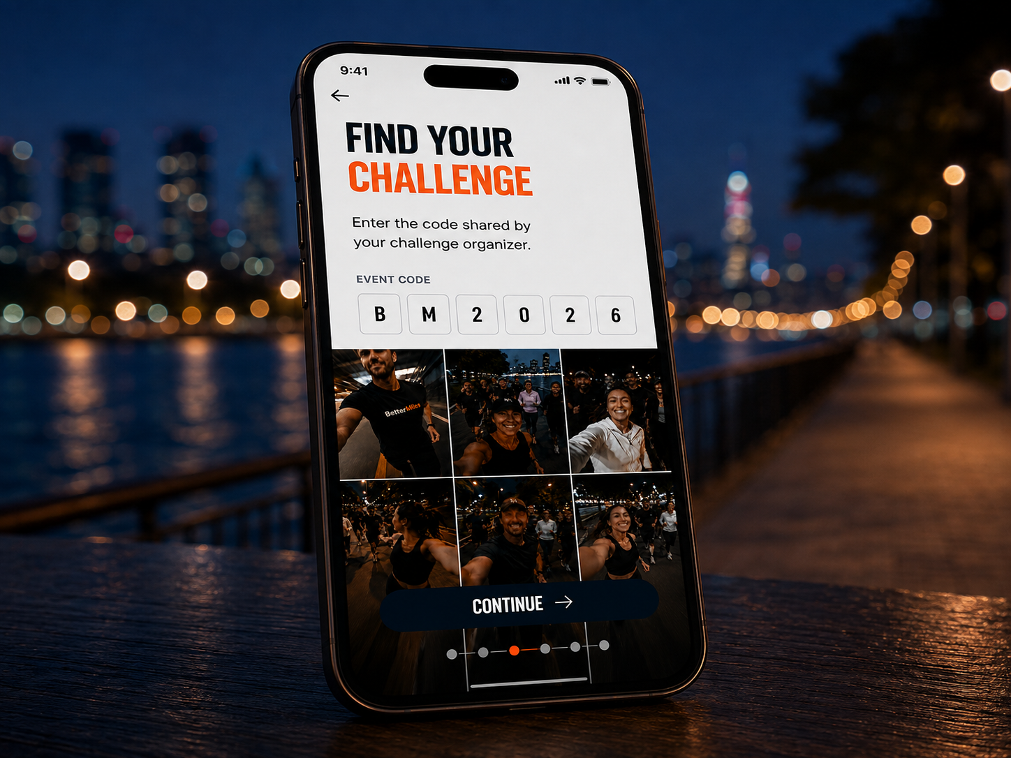 Tilted phone showing the BetterMiles Find Your Challenge screen at an evening waterfront