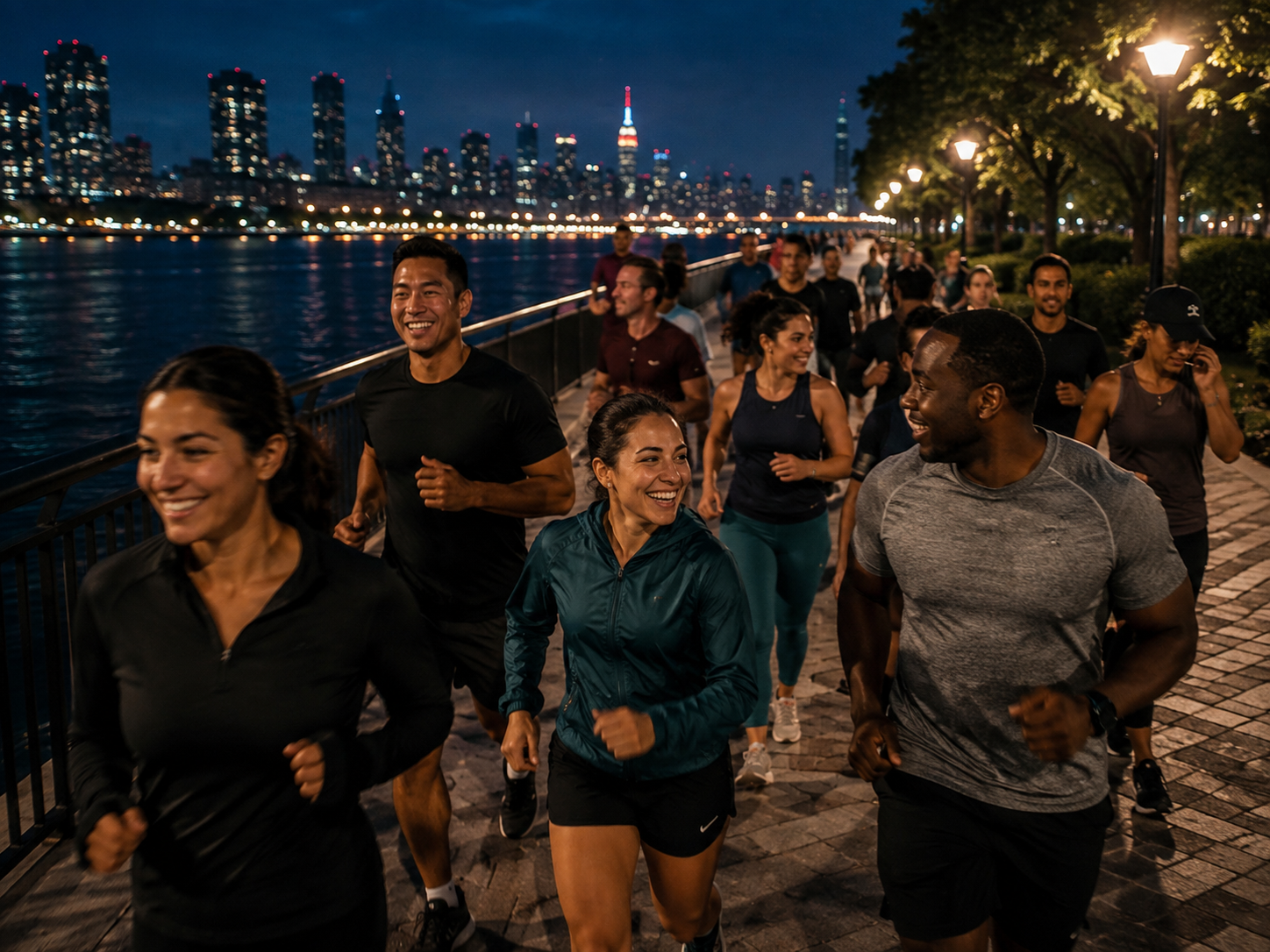 A joyful BetterMiles community running together at night