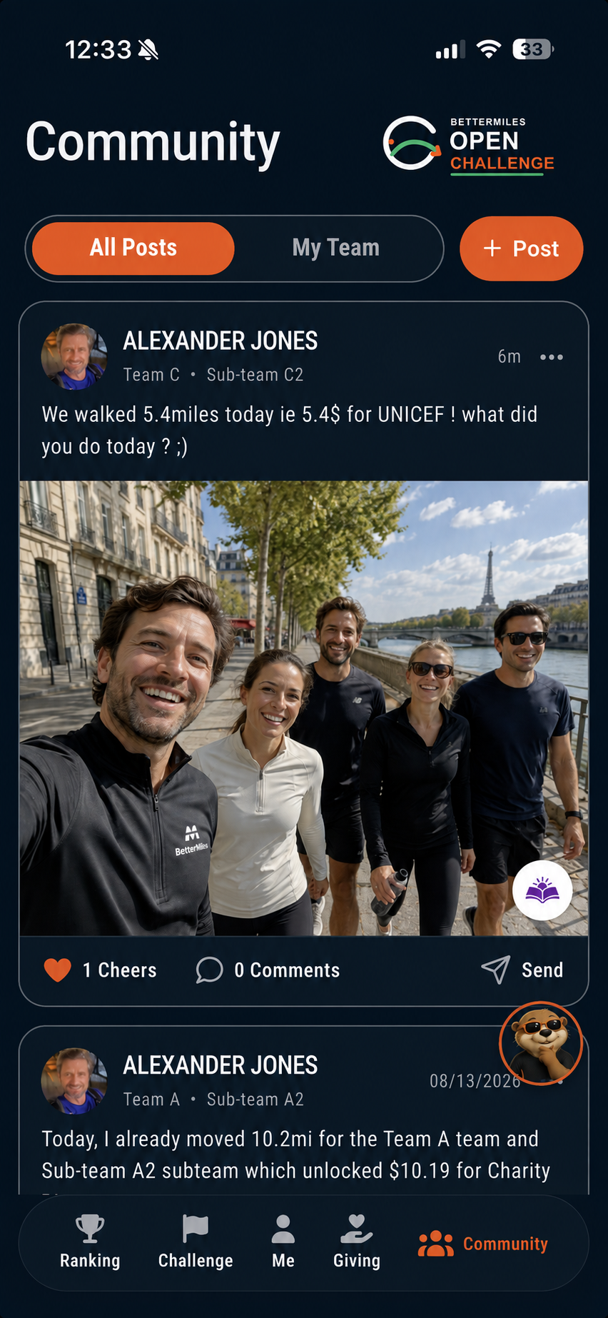 BetterMiles community feed showing Alexander Jones